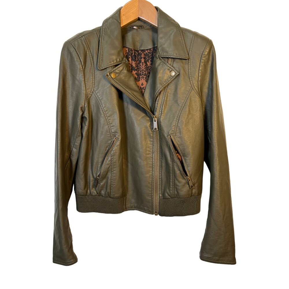 Free People Faux Leather Moto Jacket Olive Green Paisley Print Size Large Women'